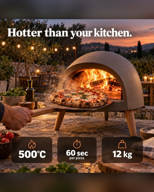 Stat ad: an outdoor pizza oven on a garden patio at dusk