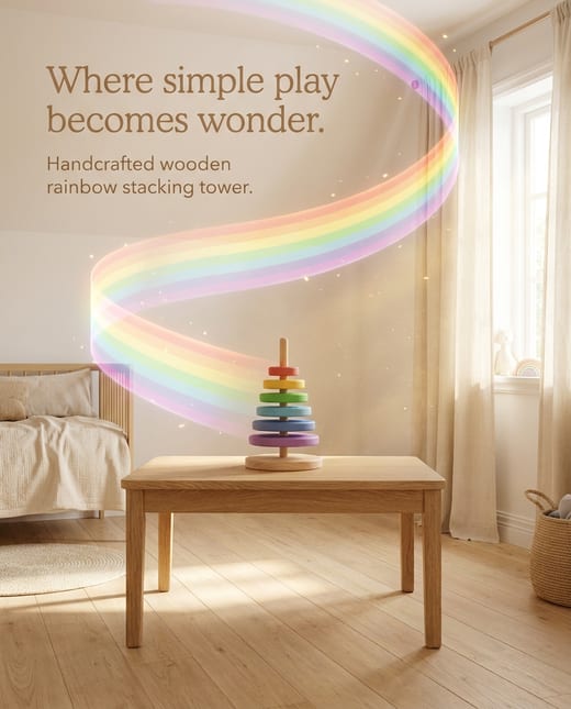 Creative ad: a rainbow rising from a wooden stacking tower