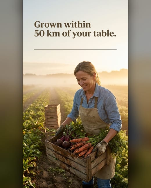 Values ad: a farmer lifting a crate of fresh harvest at dawn