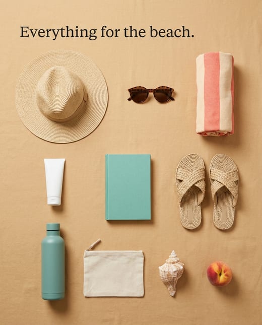 Knolling photo: a beach day kit on sand-coloured linen