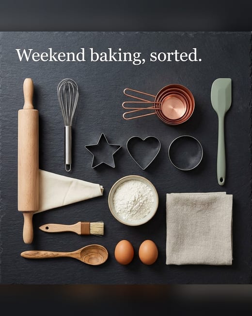 Knolling photo: a home baking kit on dark slate