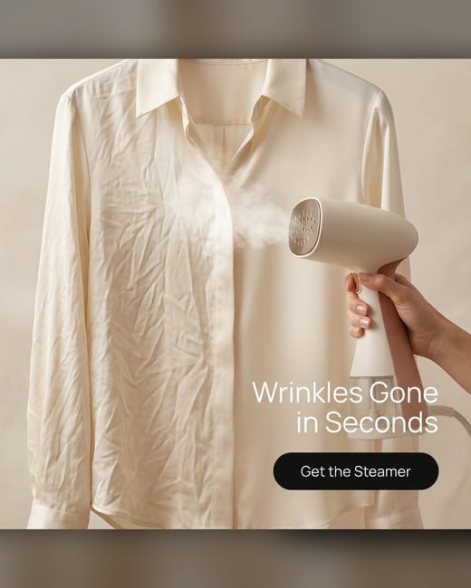 Before and after ad: a steamer smoothing a creased silk blouse