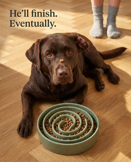 Funny ad: a labrador side-eyeing its slow-feeder bowl