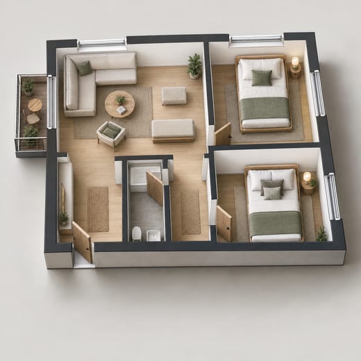 3D floor plan: a two-bedroom flat furnished Scandinavian