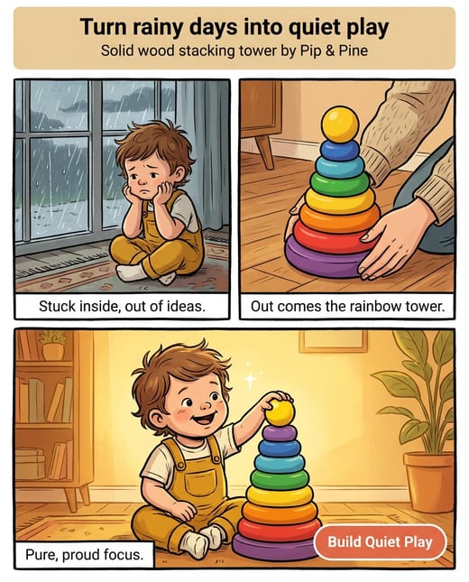 Comic strip ad: a toddler, a rainy day and a stacking tower