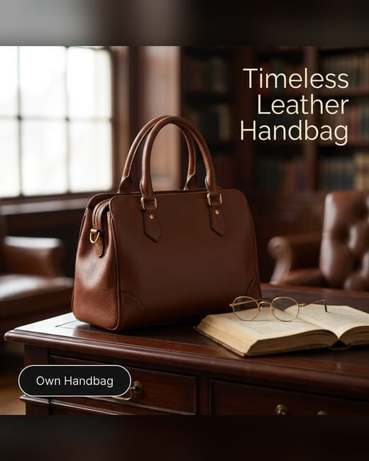 Magazine ad: a leather handbag on a desk in a dim library