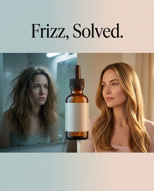 Problem solution ad: frizzy hair, then sleek hair with a hair serum