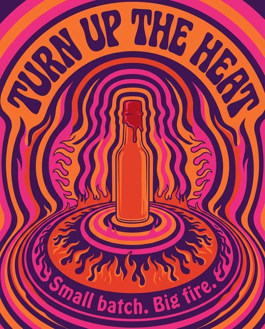 Poster: a psychedelic 1960s hot sauce poster in pink and purple