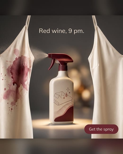 Before and after ad: stain spray lifting red wine from a dress