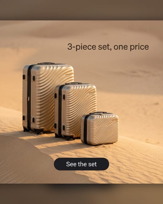 Bundle ad: three hard-shell suitcases on a sand dune