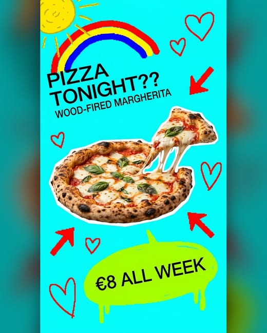Ugly ad: a paint-program pizza night ad on cyan