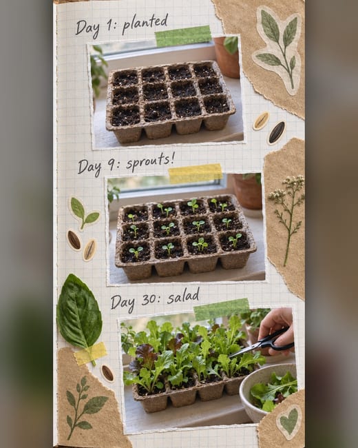 Scrapbook ad: a gardening journal page with a seed tray