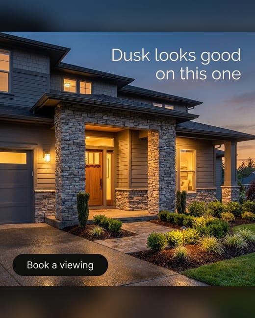 Real estate ad: a suburban house at twilight with a viewing button