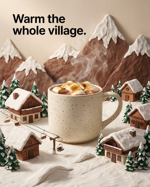 Clay diorama ad: a tiny clay alpine village in winter