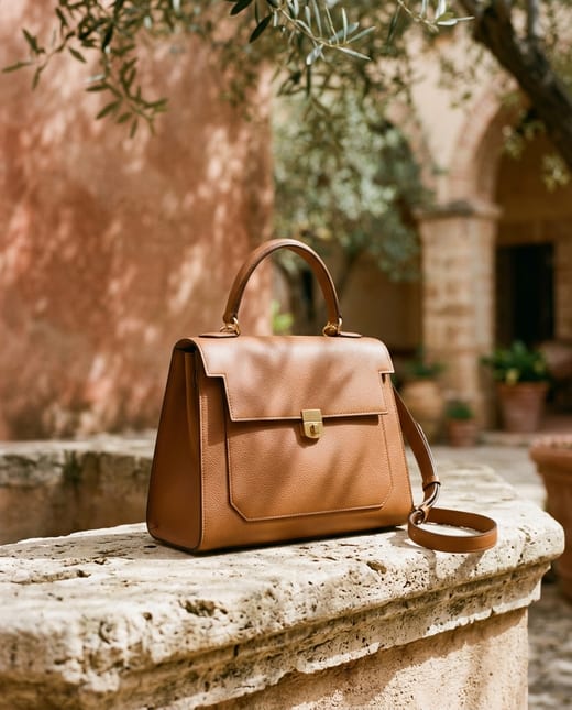 Editorial ad: a leather handbag in a sunlit Mediterranean courtyard