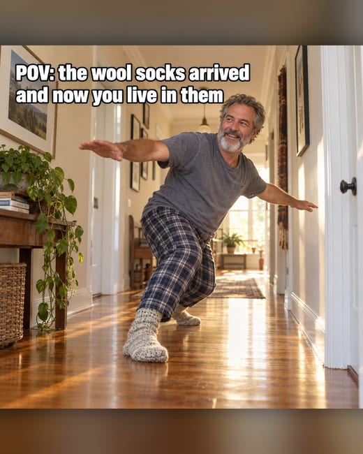 Meme ad: a man sliding down a hallway in wool socks