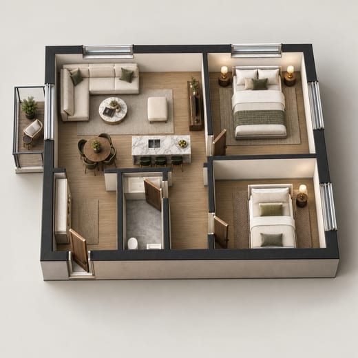 3D floor plan: a two-bedroom flat furnished as modern luxury