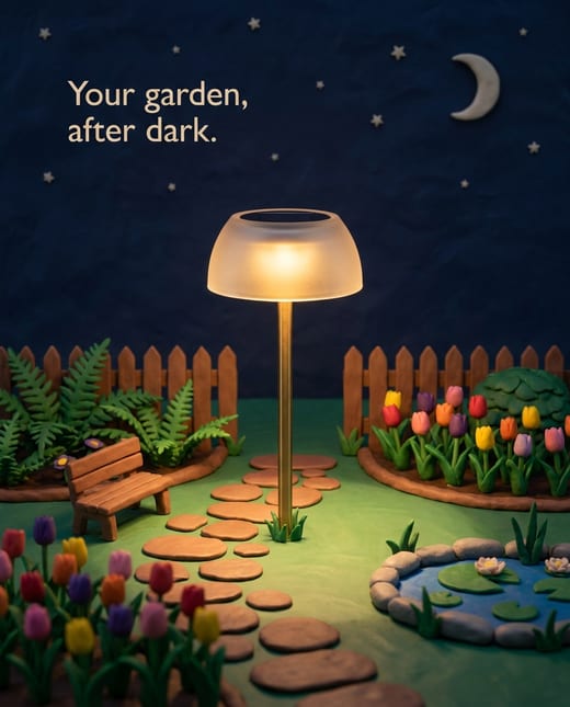 Clay diorama ad: a tiny clay garden at night