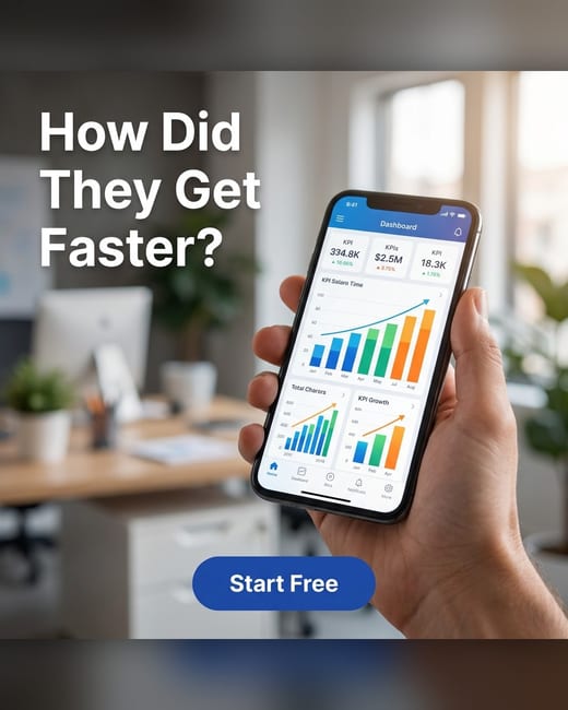 Stat ad: a hand holding a phone with an analytics dashboard