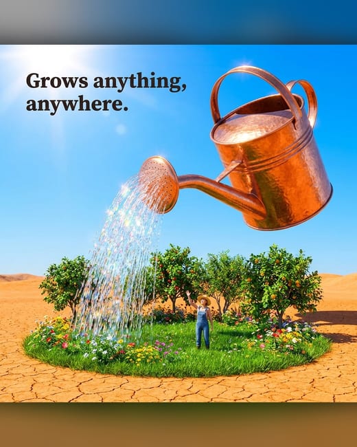 Creative ad: a giant watering can raining over a desert