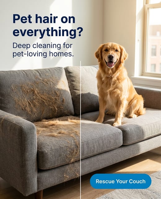 Problem solution ad: a sofa covered in pet hair, then clean