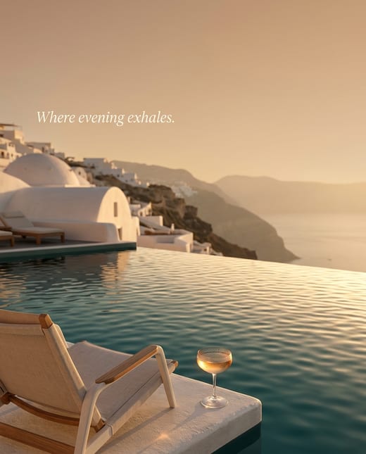 Editorial scene: a cliffside infinity pool at golden hour