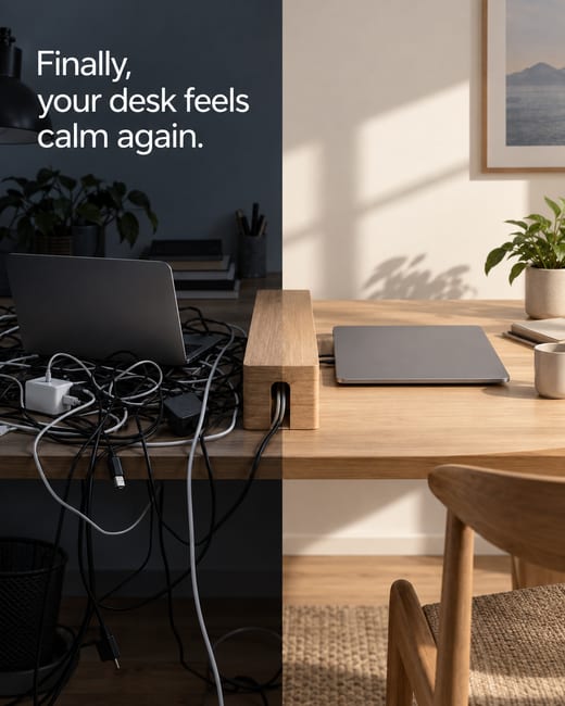 Problem solution ad: a desk of tangled cables, then a tidy desk