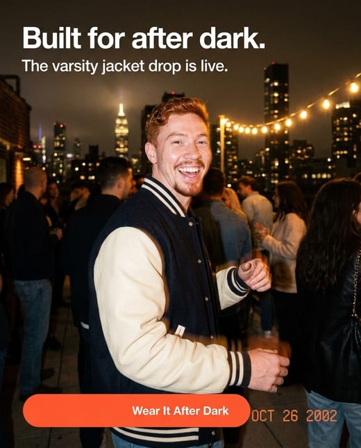 Y2K digicam flash photo: a man in a varsity jacket
