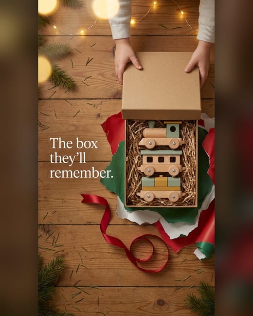 Gift ad: small hands opening a box with a wooden toy train