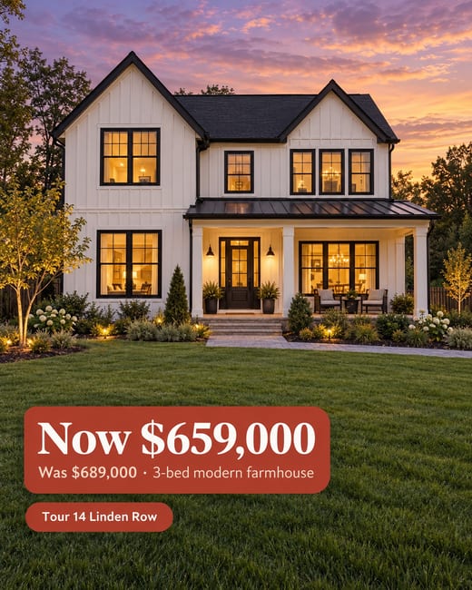 Price drop ad for a three-bedroom modern farmhouse