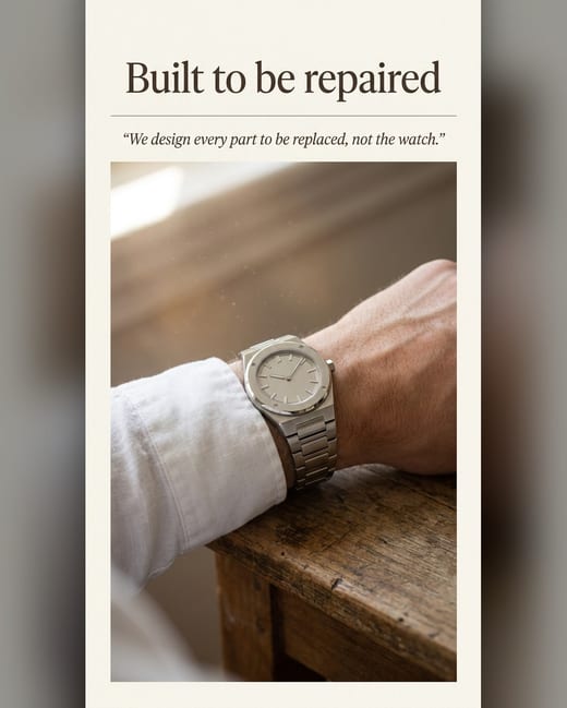Magazine ad: a steel wristwatch on a linen cuff