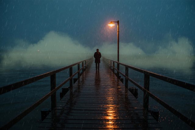 Pier at dusk, in the rain