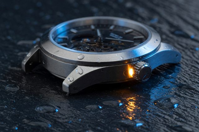 Steel watch on wet slate