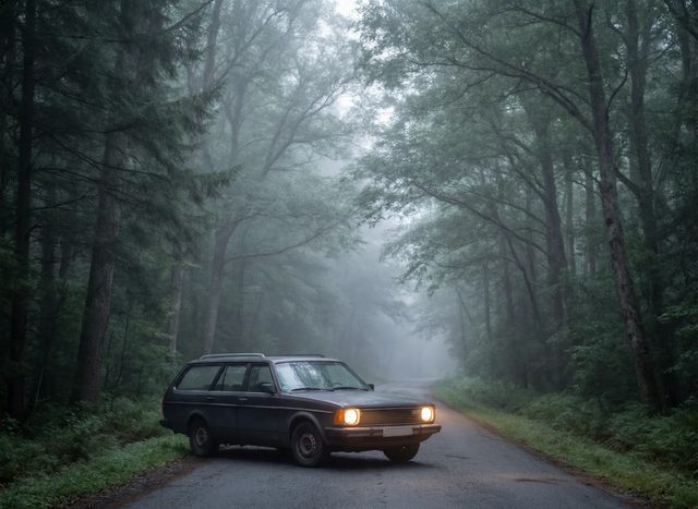 Forest road, mist