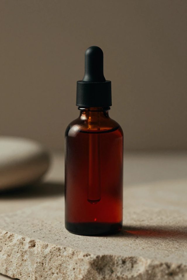 Amber dropper on travertine