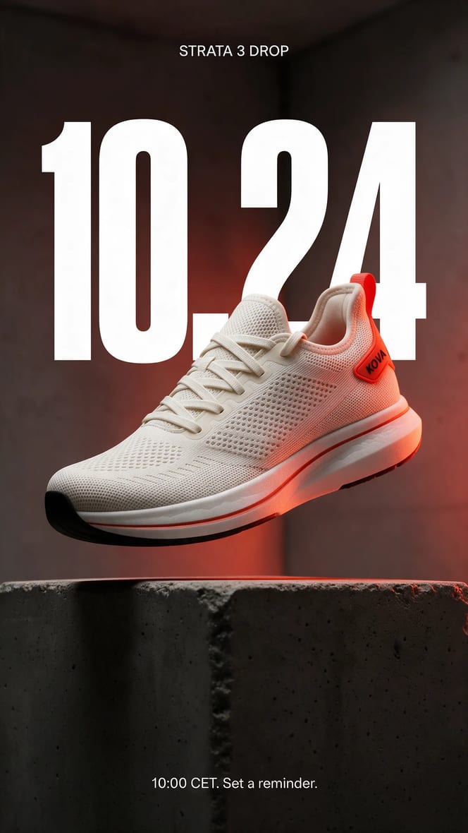 Vertical drop story with the date set behind the shoe