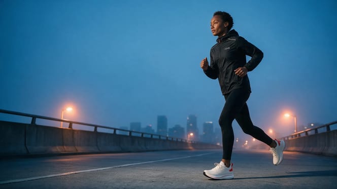 Runner crossing an empty overpass at blue hour