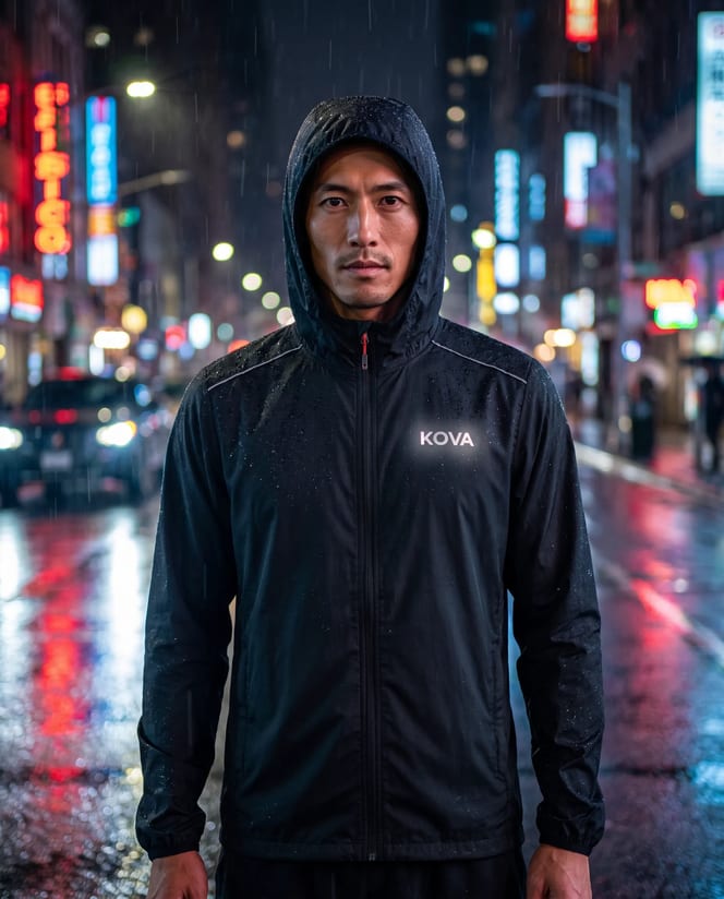 Lookbook page: runner in the hooded jacket on a rainy neon street