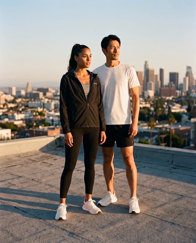 AI lookbook page: two runners on a rooftop at golden hour