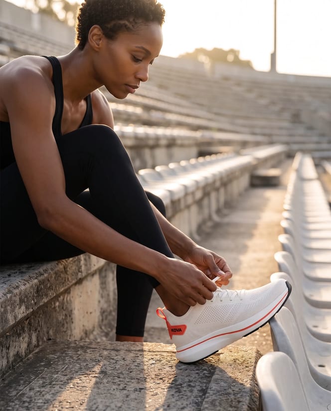 Lookbook page: a runner tying laces on stadium steps