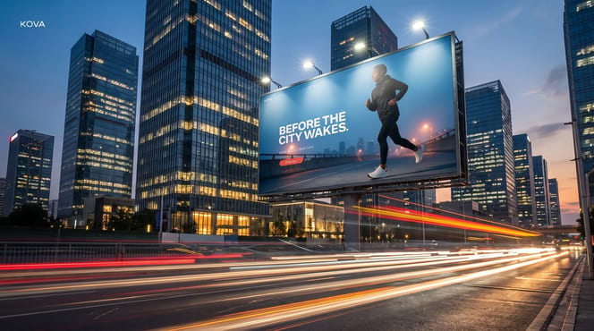 The campaign ad on a city billboard at dusk