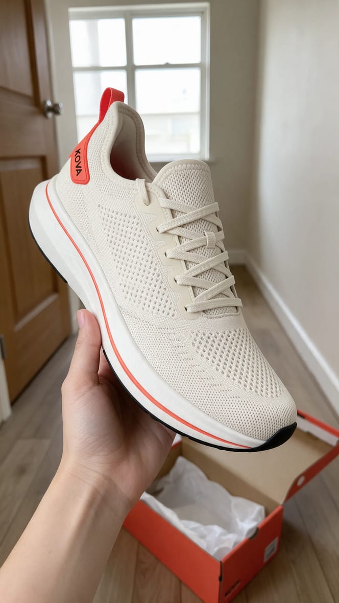 Hand holding the shoe toward a phone camera at home