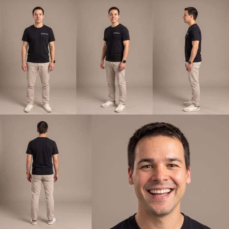 Dan: character sheet with front, three-quarter, profile, back and close-up views