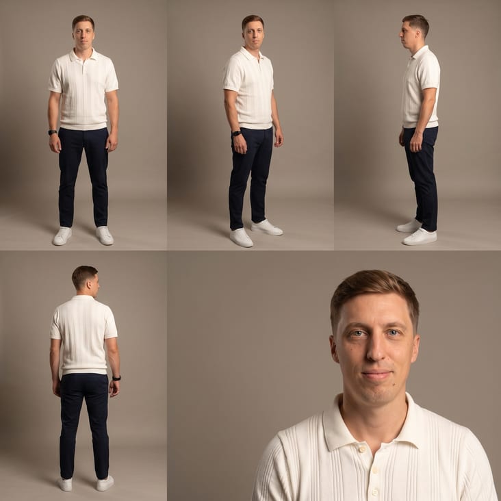 Marko: character sheet with front, three-quarter, profile, back and close-up views