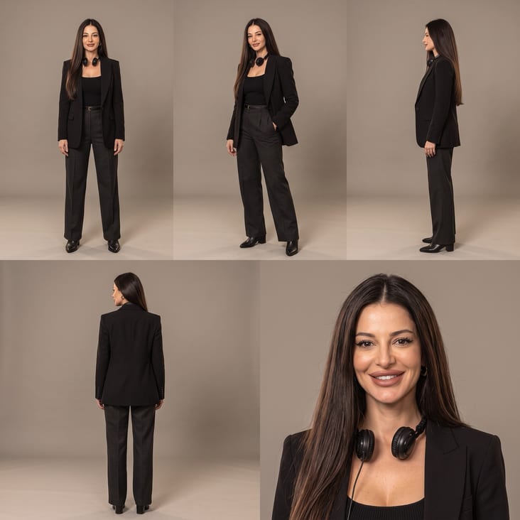 Tamara: character sheet with front, three-quarter, profile, back and close-up views