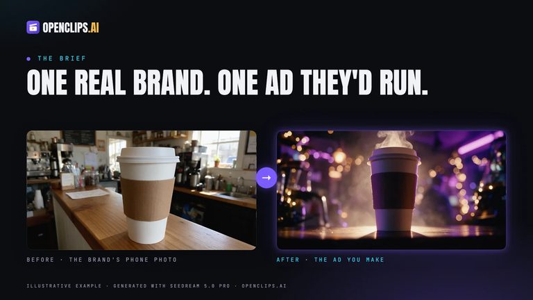 An OpenClips brief card: a café's phone photo of a takeaway cup becomes a cinematic ad shot of the same cup