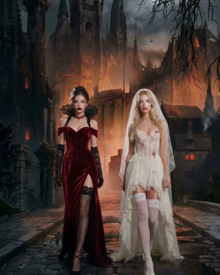 Two friends in gothic costumes walking toward the camera on a cobbled street
