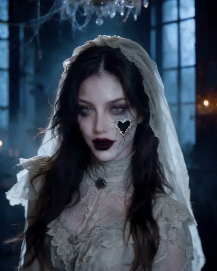 A woman in Victorian ghost makeup and a lace veil