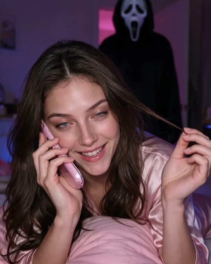 A woman on a flip phone in a pink 90s bedroom with a masked figure behind her