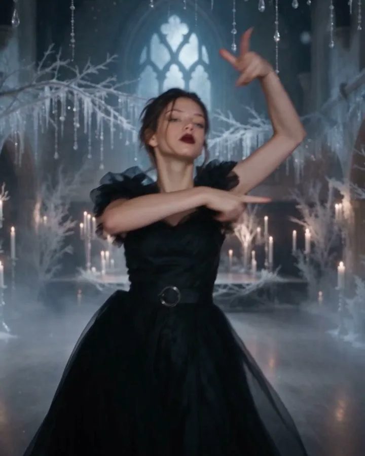 A girl in a black tulle dress dancing in a frozen gothic hall
